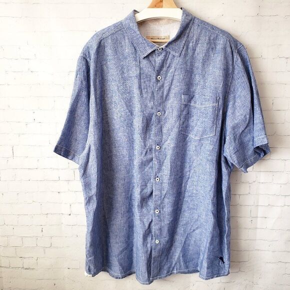 Tommy Bahama 100% Linen Mens Shirts Size XXL 2XL Woven Chambray Blue Hawaiian - Picture 1 of 7